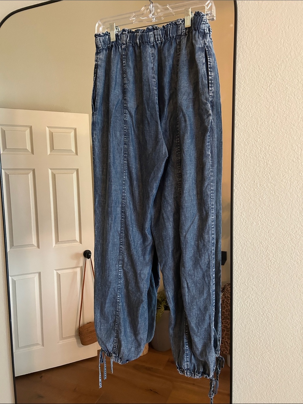 Casual Drawstring Chambray Jogger Pants - Blue - Picture 2 of 5